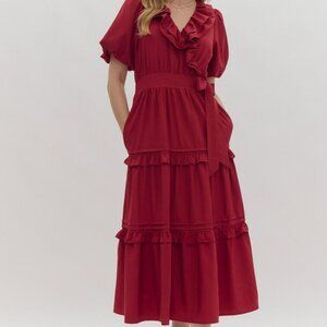 NWT Entro Faux Wrap Short Puff Sleeve Ruffle Detail Midi Dress In Scarlet